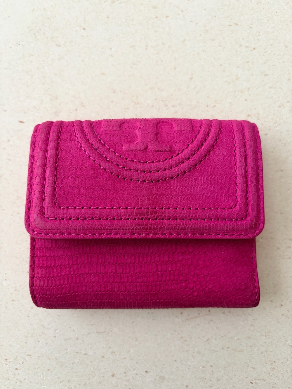 Tory Burch Embossed Leather Pink Tri-Fold Wallet